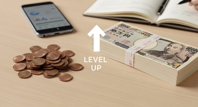 トリマの移動マイル収入（小銭）と効率的なポイ活収入（お札）の金額比較イメージ。