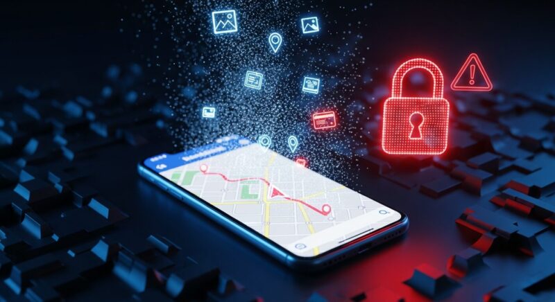 スマホの位置情報や個人データが流出するリスクを警告する、サイバーセキュリティのイメージイラスト。