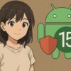 Android 15のロゴとシールドアイコンが背景に配置され、セキュリティを意識させるアニメ風イラスト