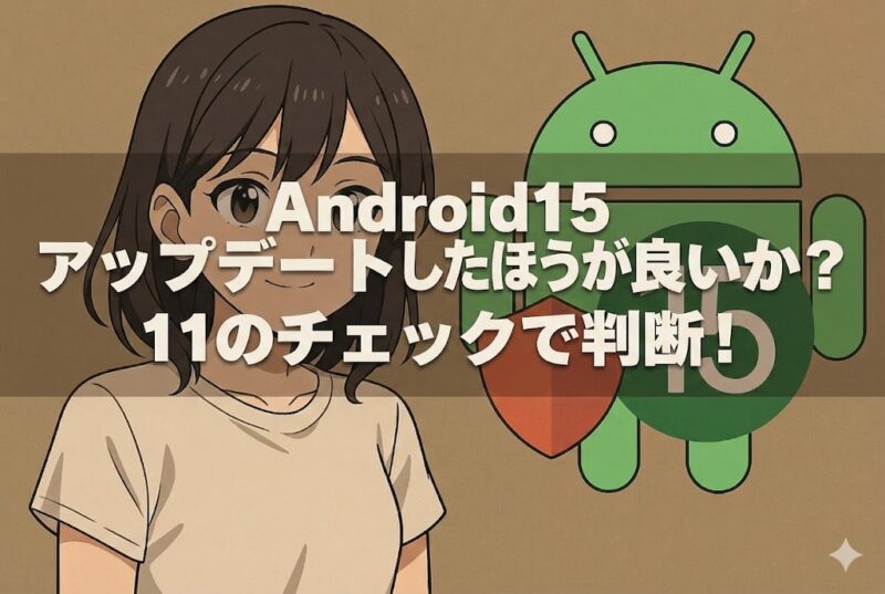 Android 15のロゴとシールドアイコンが背景に配置され、セキュリティを意識させるアニメ風イラスト