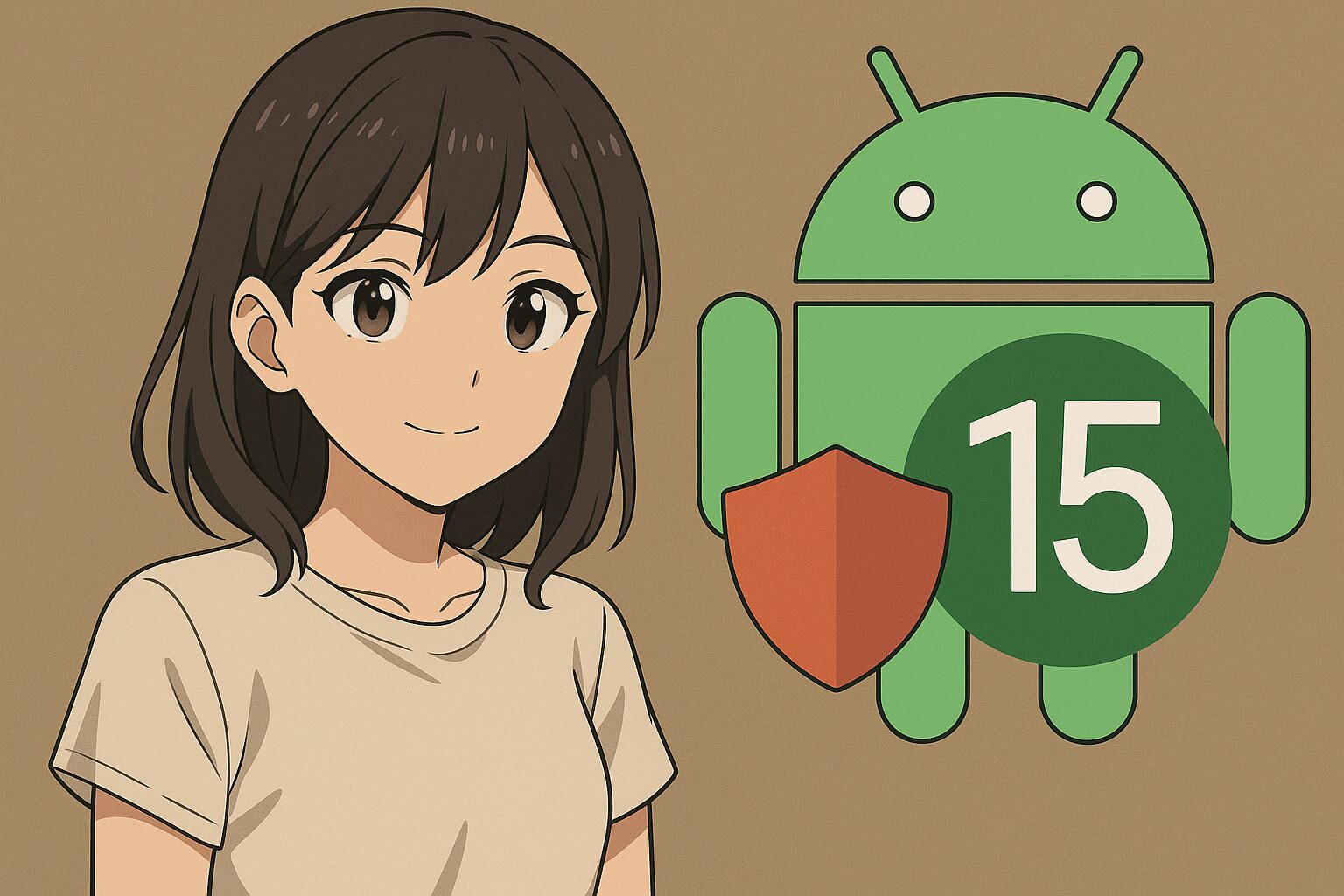 Android 15のロゴとシールドアイコンが背景に配置され、セキュリティを意識させるアニメ風イラスト