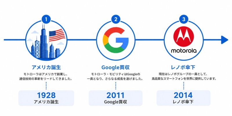 モトローラはどこの国のメーカーかを示す歴史タイムライン。1928年アメリカ・シカゴで誕生し、2011年Google買収を経て2014年からレノボ傘下となった変遷図