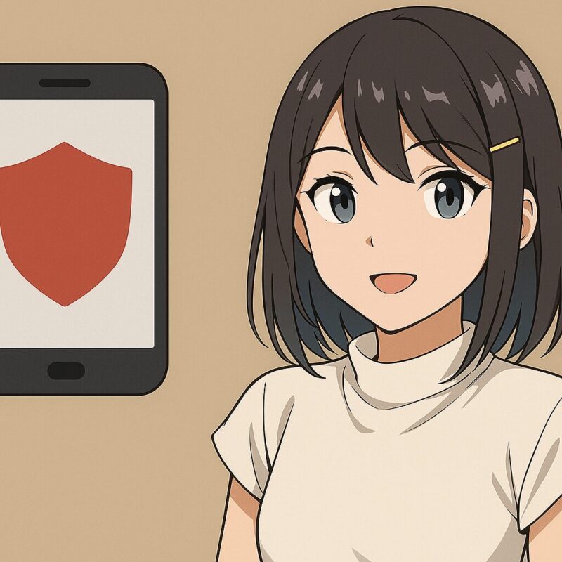 Pixelスマホと赤いシールドアイコンが並ぶ、セキュリティを連想させるアニメ風イラスト