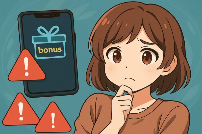 スマホ画面に表示されたボーナスアプリのアイコンと警告マークを見つめ、不安そうな表情を浮かべる女性のアニメ風イラスト