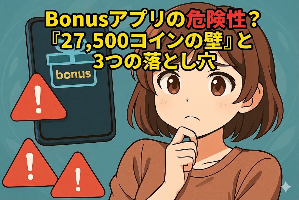 スマホ画面に表示されたボーナスアプリのアイコンと警告マークを見つめ、不安そうな表情を浮かべる女性のアニメ風イラスト