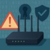 暗い背景にTP-Linkのルーターが配置され、左側に警告アイコン、中央に鍵穴シンボル、右側にチェックマークのついた盾が描かれているイラスト