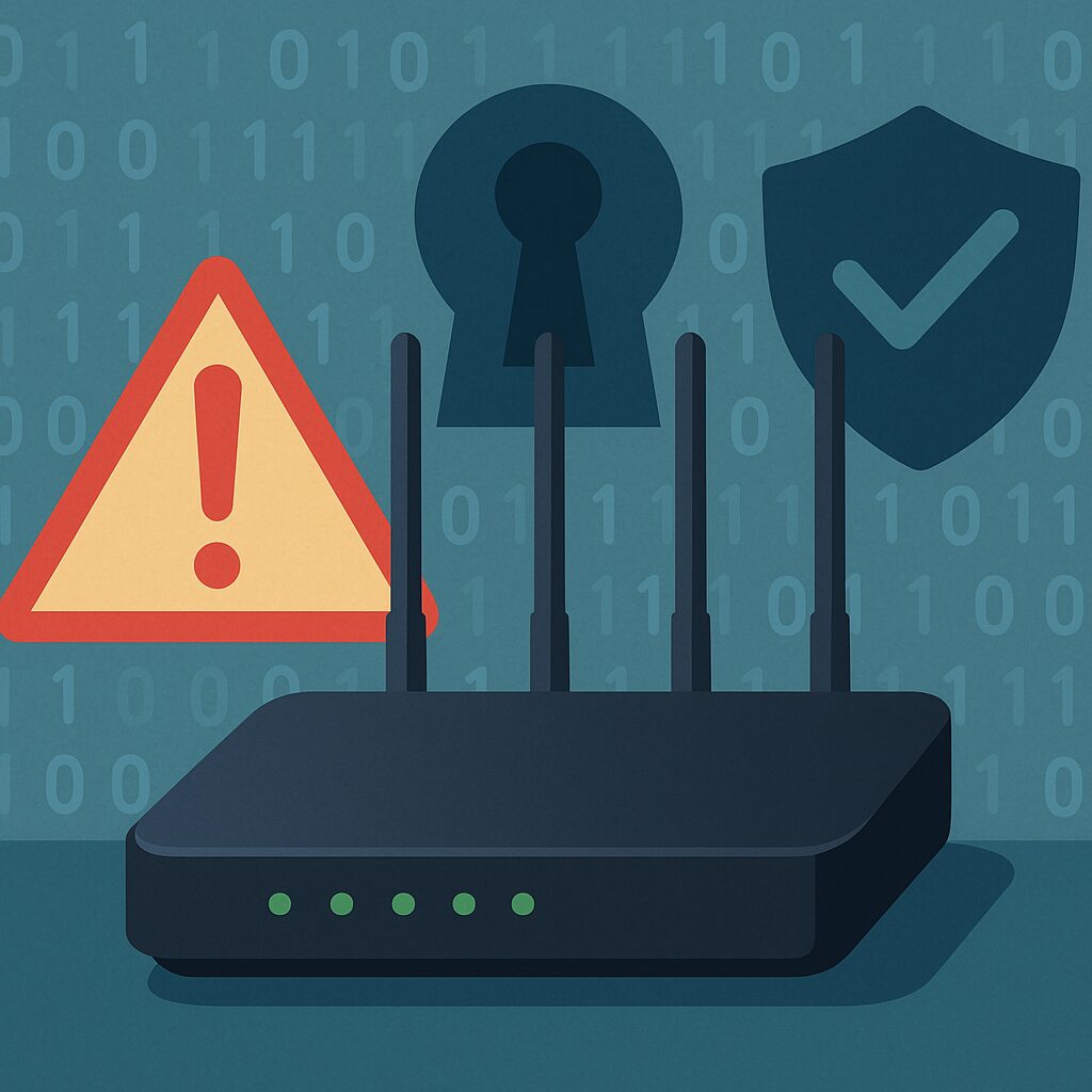 暗い背景にTP-Linkのルーターが配置され、左側に警告アイコン、中央に鍵穴シンボル、右側にチェックマークのついた盾が描かれているイラスト