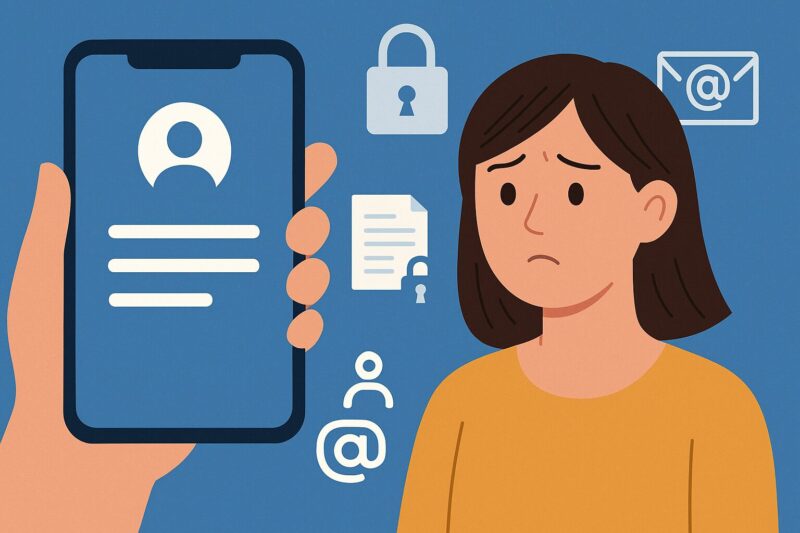 若い女性がスマートフォンを見つめ、不安そうな表情をしている。背景にはパッドロック、メールアイコン、個人情報アイコンが浮かんでいる。