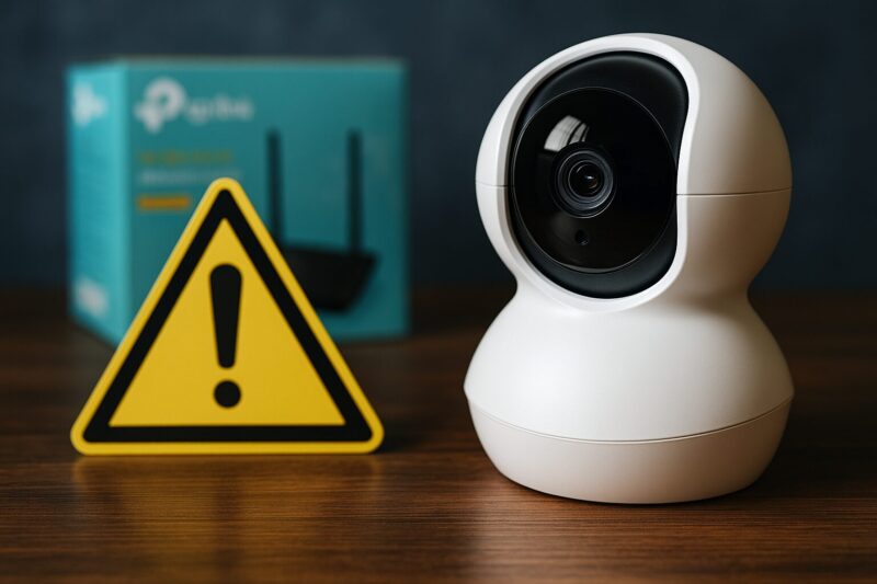 白いドーム型のセキュリティカメラがテーブルに置かれ、横には黄色い警告マークが配置されており、セキュリティリスクを強調している。