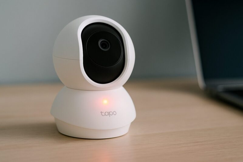 白いTapoカメラが机の上に設置され、下部のオレンジ色のLEDが点灯している。背景にはノートパソコンがぼんやりと映っている