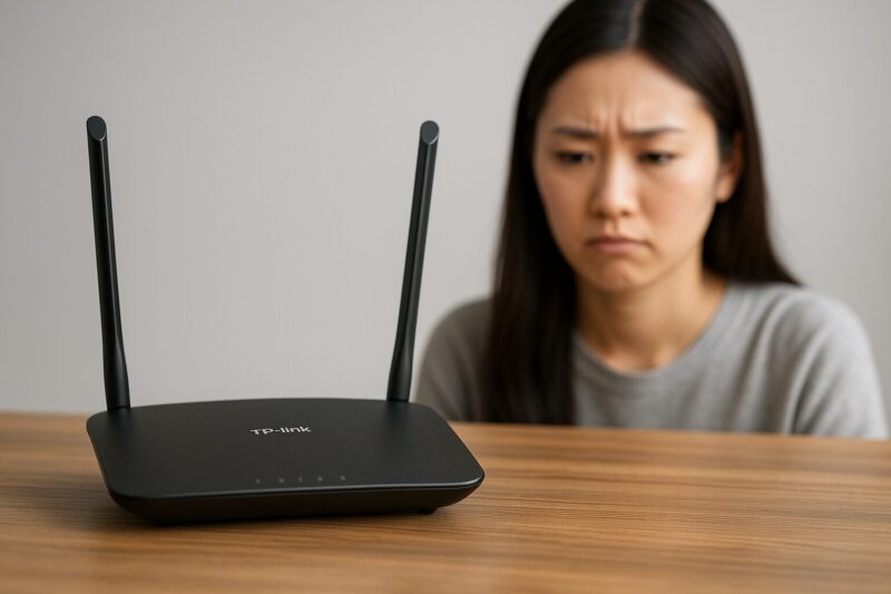 木製テーブルの上にTP-Linkのルーターが置かれ、背後で若い日本人女性が困惑した表情で見つめている。