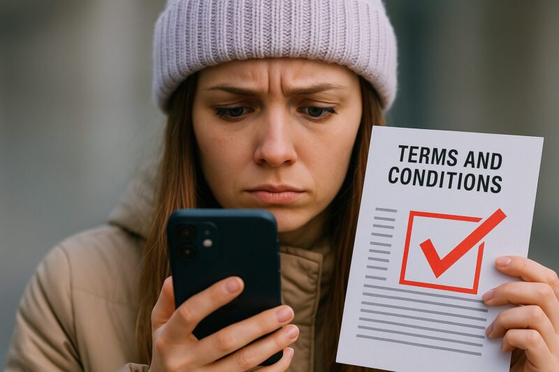 若い女性がスマートフォンを見ながら、利用規約の書類を手に持ち、困惑した表情をしている。背景はソフトなニュートラルトーン。
