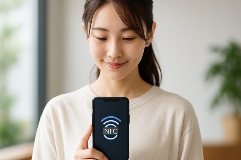 若い日本人女性が優しい笑顔でスマートフォンのNFC設定画面を見つめている室内シーン。