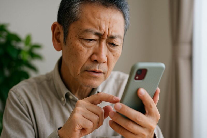 室内でスマートフォンを操作しながら困惑した表情を浮かべる高齢の日本人男性。