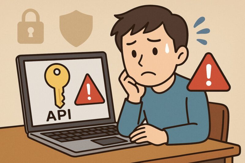 日本人男性がAPIキーの警告マークを見て、セキュリティ対策に悩んでいるイラスト風画像