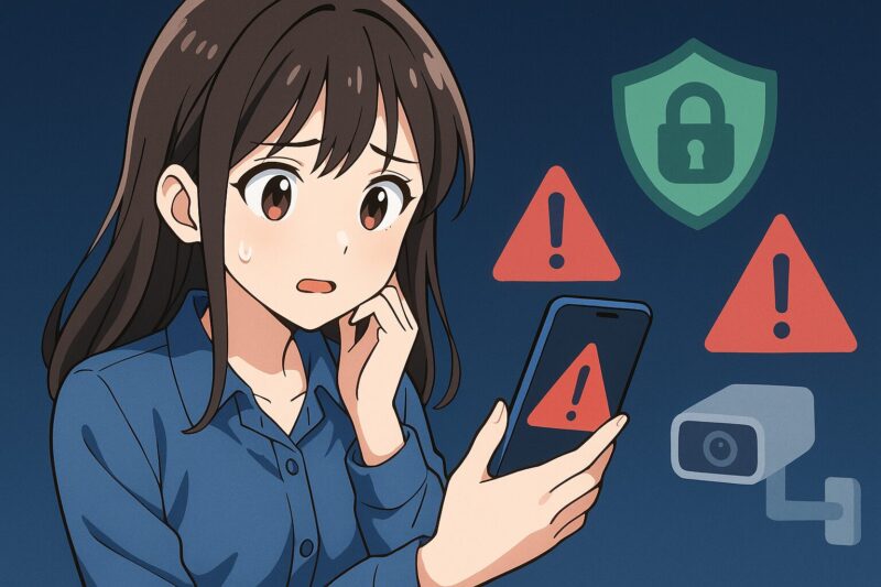 アニメ風の若い女性がスマートフォンを見ながら不安そうな表情を浮かべている。周囲には赤い警告アイコンと緑のシールドアイコンが浮かんでいる。