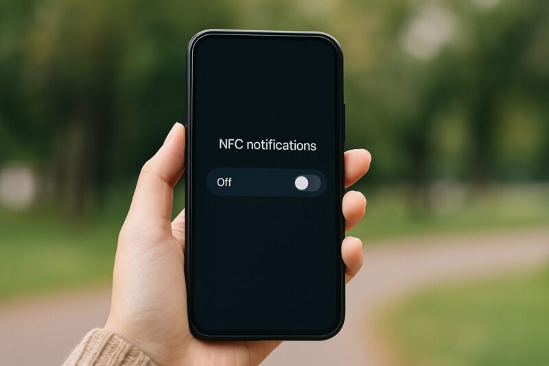 屋外でスマートフォンを持つ手のクローズアップ。画面には「NFC通知オフ」の設定が表示されている。