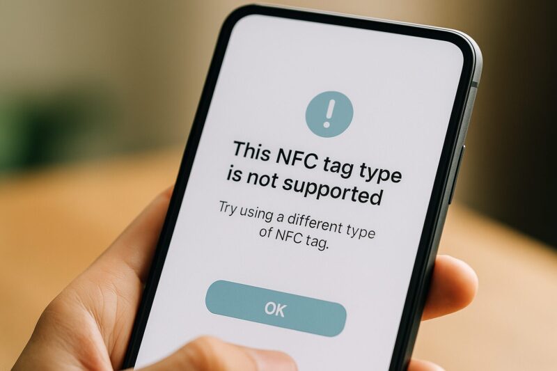 NFCエラーメッセージが表示されたスマートフォンのクローズアップ。背景はぼかされ、手元だけが強調されている。