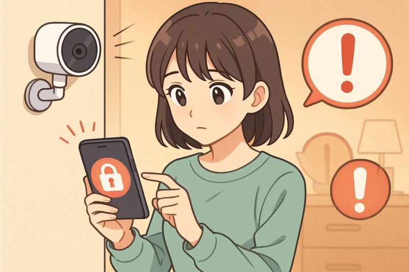 アニメ風の若い女性がスマートフォンで防犯カメラの設定を確認している。背景には防犯カメラと赤い警告アイコンが浮かんでいる。