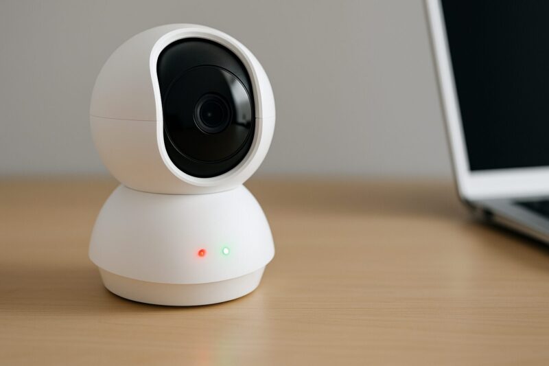 白いTapoカメラが机の上に置かれ、赤と緑のLEDが同時に点滅している。背景には薄いグレーの壁とノートパソコンがぼんやりと映っている
