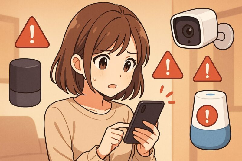 アニメ風の若い女性がスマートフォンを見つめ、不安そうな表情を浮かべている。背景にはスマートスピーカー、防犯カメラ、警告アイコンが配置されている。