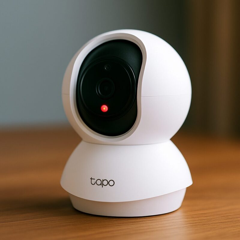 白いTapo C200カメラが木製のテーブルに置かれ、赤いLEDインジケーターが点灯している。背景には淡いブルーの壁とカーテンがぼんやりと映っている。