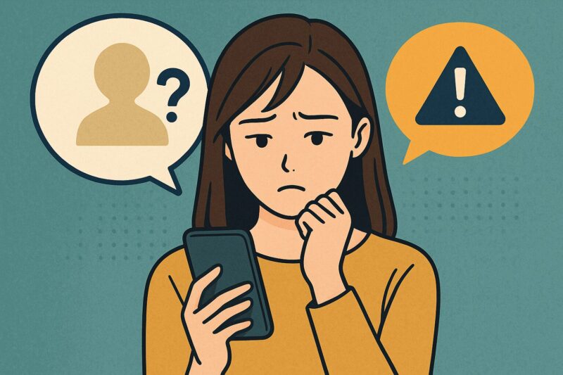 スマホを見つめる若い女性。背景には匿名の人物アイコンと警告マークが浮かび、疑問や不安を表現するデジタルイラスト