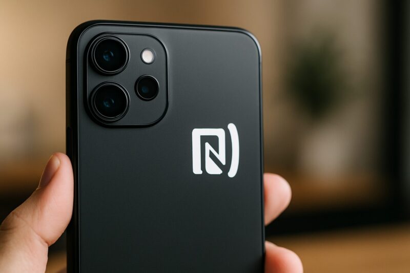 黒いスマートフォンの背面に表示されたNFCシンボルのクローズアップ。シンプルでモダンなデザインが特徴。