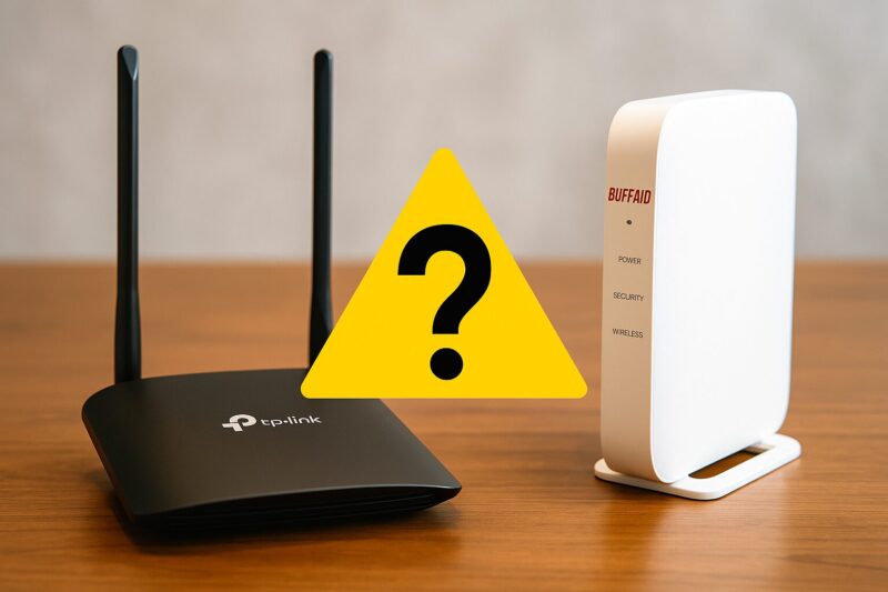 木製テーブルの上に黒いTP-Linkルーターと白いBuffaloルーターが並び、その間に黄色の警告マークが配置されている。