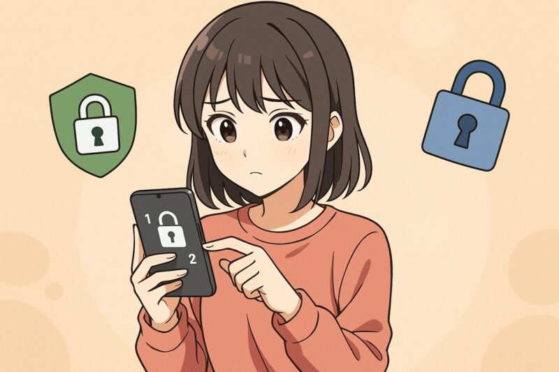 アニメ風の若い女性がスマートフォンでセキュリティ設定を確認している。周囲には緑の盾と青い鍵のアイコンが浮かび、背景は暖かいベージュトーン。