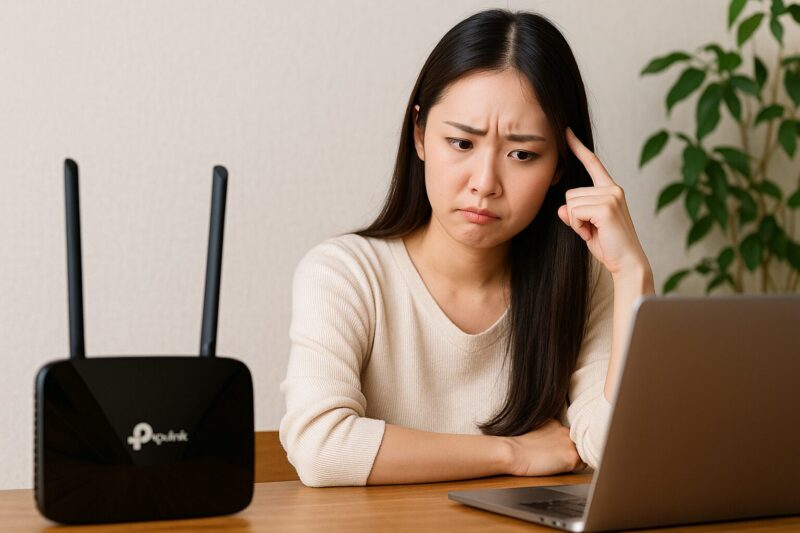 若い日本人女性がテーブルに置かれたTP-Linkのルーターとノートパソコンを見つめ、考え込むような表情をしている。