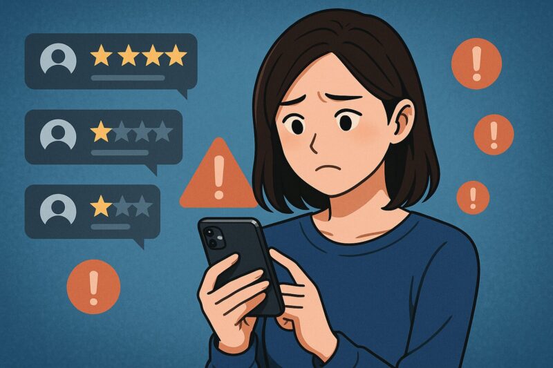 スマホを見つめる不安そうな若い女性。背景には星評価や警告アイコンが浮かんでおり、口コミや評価を示唆するデジタルイラスト