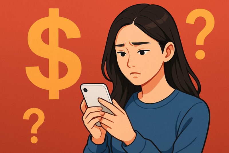 スマホを見つめる不安そうな若い女性。背景には大きなドルマークと複数の疑問符が配置されたデジタルイラスト