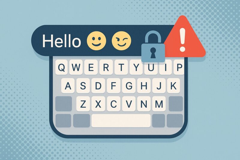 スマホキーボードに「Hello」や絵文字が表示され、隣に赤い警告アイコンと鍵マークが配置されたデジタルイラスト