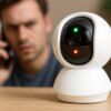 赤と緑のLEDが点滅するTapoカメラが机の上に置かれ、背景にはスマホを手にした若い男性が心配そうにカメラを見つめている。