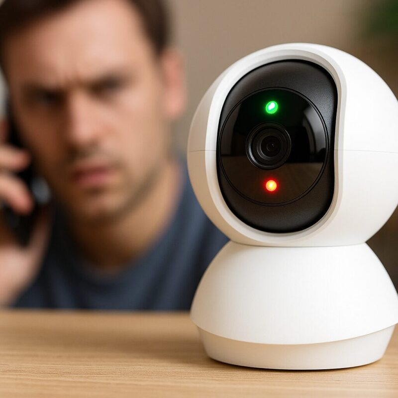 赤と緑のLEDが点滅するTapoカメラが机の上に置かれ、背景にはスマホを手にした若い男性が心配そうにカメラを見つめている。