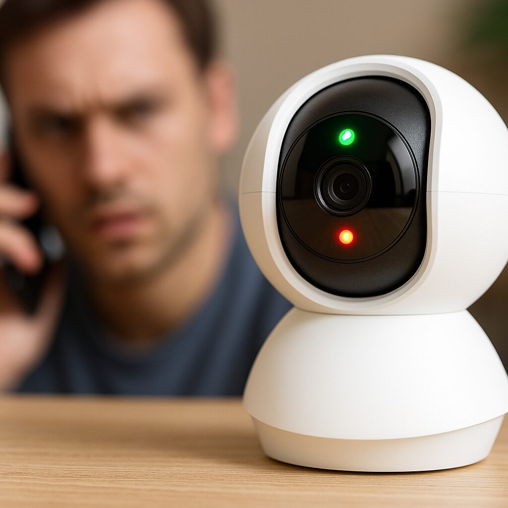 赤と緑のLEDが点滅するTapoカメラが机の上に置かれ、背景にはスマホを手にした若い男性が心配そうにカメラを見つめている。