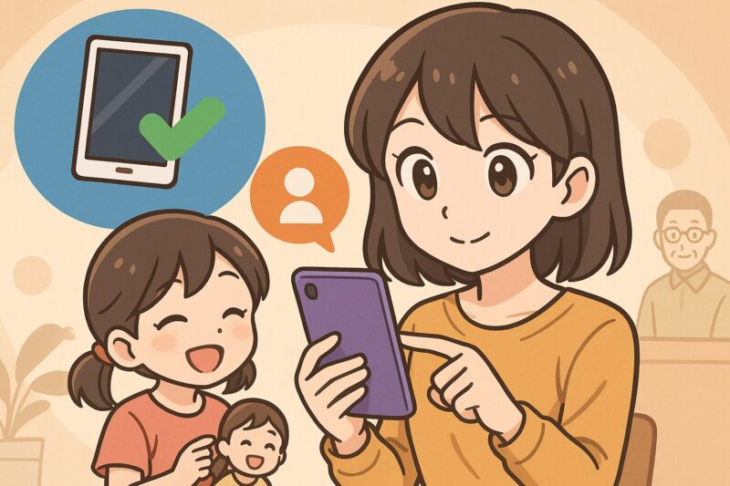 アニメ風の若い女性がスマートフォンを操作しながら、隣で笑顔の女の子がぬいぐるみを抱えている。背景には家族共有を示すアイコンが浮かんでいる。