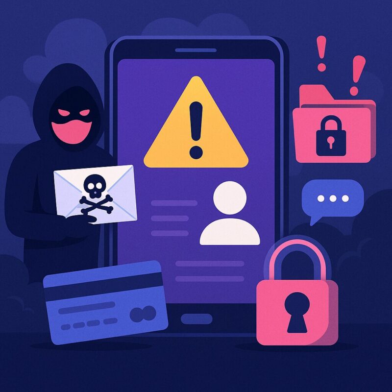 スマートフォンの画面に警告アイコンが表示され、不正アクセスを示唆するスカルマークの封筒を持つ人物が描かれている。背景にはロックアイコンやクレジットカードが浮かび、データ流出や詐欺のリスクを暗示しているデジタルイラスト。
