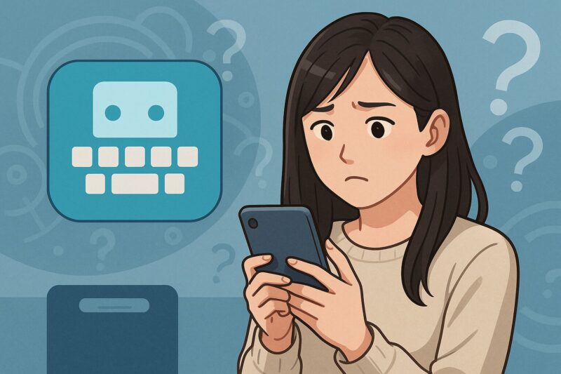 スマホを見つめる不安そうな若い女性。背景にはアプリアイコンと複数の疑問符が配置された青色のデジタルイラスト