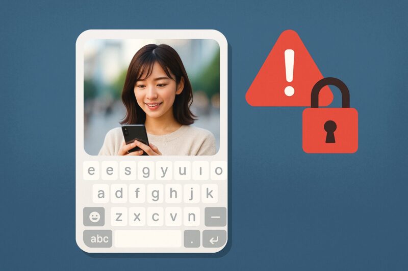 スマホキーボードの背景に設定された女性の写真と赤い警告アイコン、鍵のシンボルが強調されたデジタルイラスト