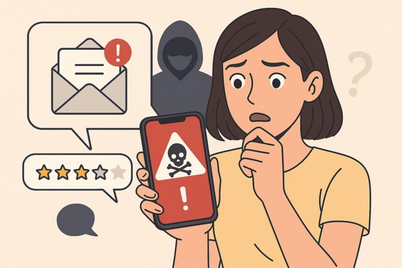 若い女性がスマートフォンを見つめ、驚いた表情を浮かべている。スマホ画面には赤い警告アイコンとスカルマークが表示されており、背景には不審なメッセージや星評価の吹き出しが配置され、詐欺の危険性を示唆しているイラスト