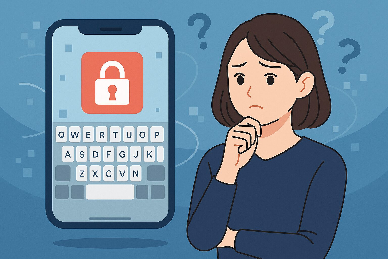 スマホ画面に赤い鍵アイコンが表示され、疑問符が浮かぶ中、不安そうに考える日本人女性が描かれたイラスト