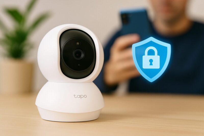 白いTapoカメラとセキュリティロックアイコンが映し出され、背景にはスマホを持つ人物がぼんやりと映り込んでいる