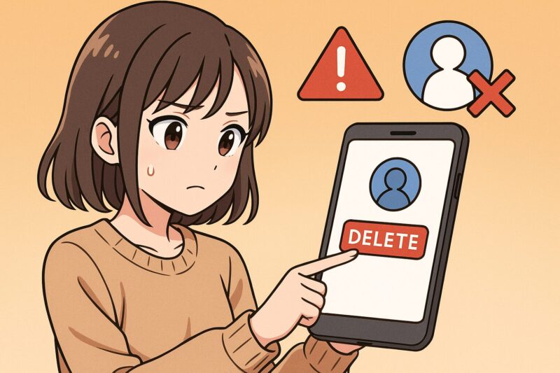 アニメ風の若い女性がスマートフォンの「DELETE」ボタンに指を近づけ、不安そうな表情で画面を見つめている。背景は暖かいベージュトーン。