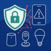 青い背景に緑の鍵アイコン付きのシールド、警告マークを表示するスマートフォン、スマート家電のアイコンが配置され、データ漏洩のリスクを示唆している構図