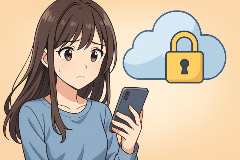 アニメ風の若い女性がスマートフォンを持ち、不安そうな表情でクラウドと鍵のアイコンを見つめている。背景はベージュのグラデーション。