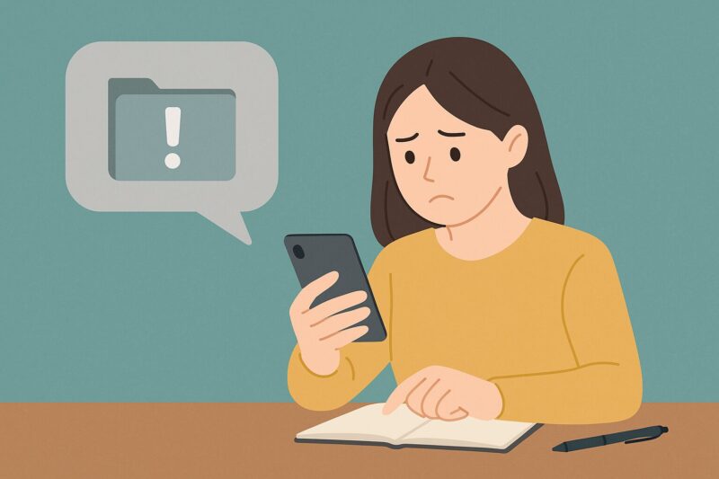 若い女性がスマートフォンを見つめ、不安そうな表情をしている。背景には警告アイコンが入ったフォルダの吹き出しが表示されている。