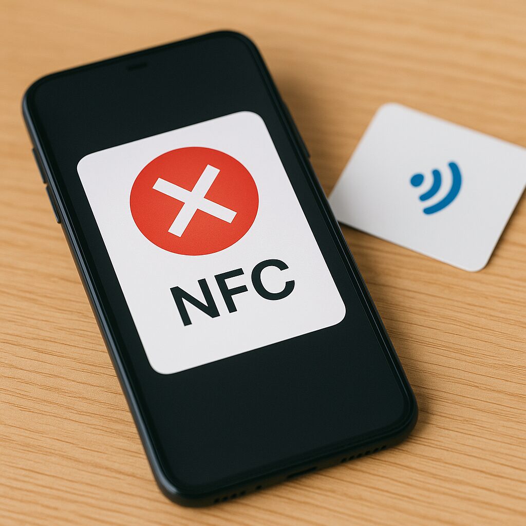 NFCエラーが表示されたスマートフォンと、横に置かれたNFCカードが見えるシンプルなイメージ。