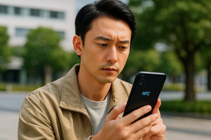 若い日本人男性が屋外でスマートフォンのNFC機能を確認している様子。背景には緑と建物が映っている。